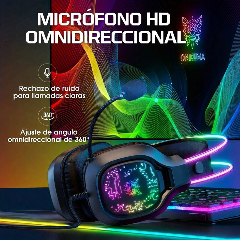Audífonos Gamer Onikuma X22 Rgb Microfono Para Pc Xbox Ps5 Negro